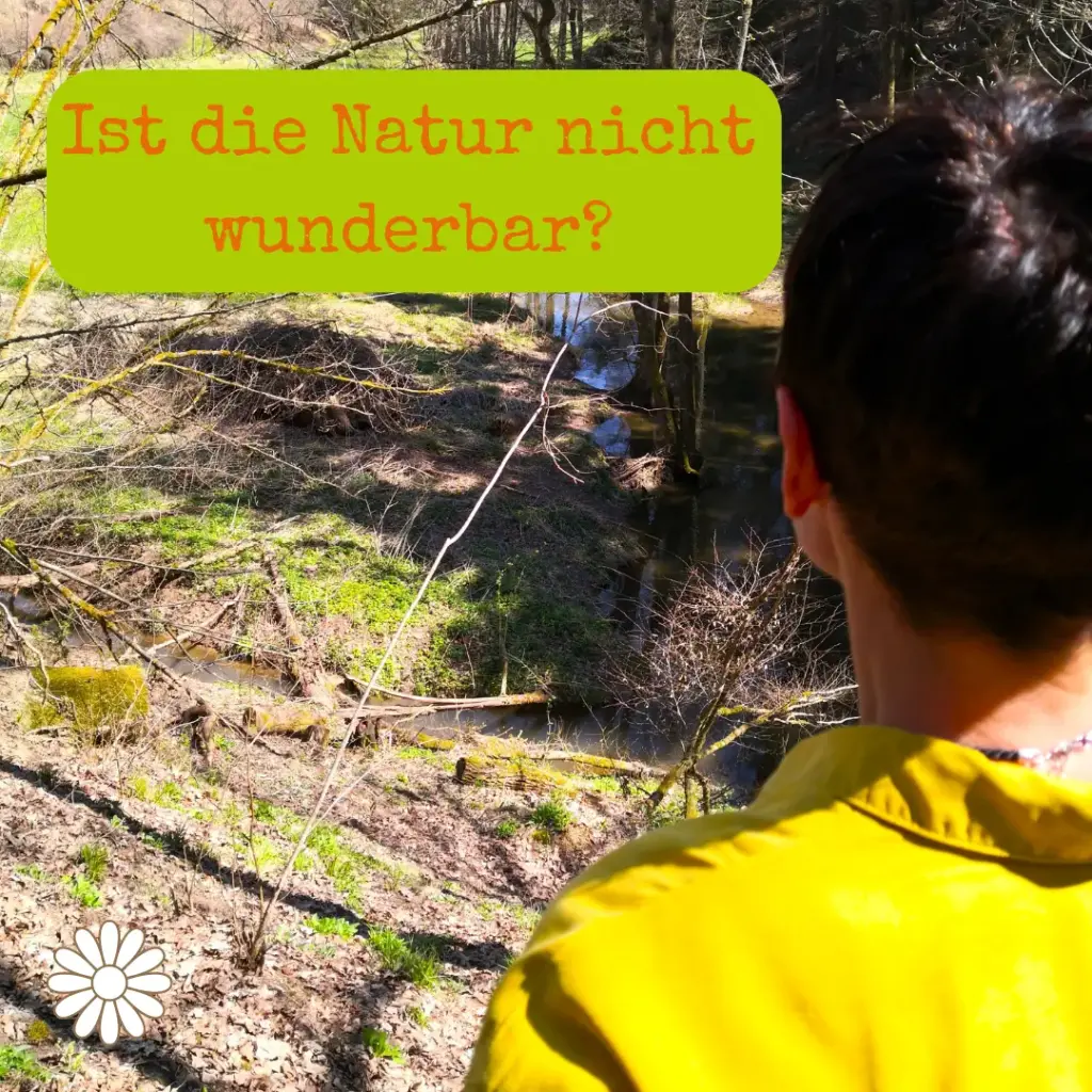 Isolde steht im Wald und schaut hinunter in ein wunderschönes Bachtal